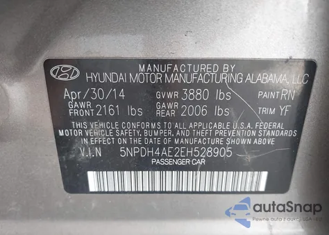 2014 Hyundai Elantra Se from USA, damaged, VIN 5NPDH4AE2EH528905